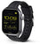 Smartwatch unisex, vista lateral, pantalla negra y correa de silicona negra.