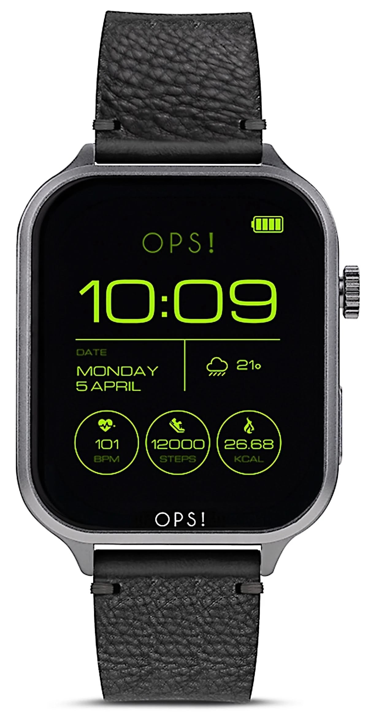 OPS! Smartwatch con esfera negra, 10:09 h, correa de cuero negra