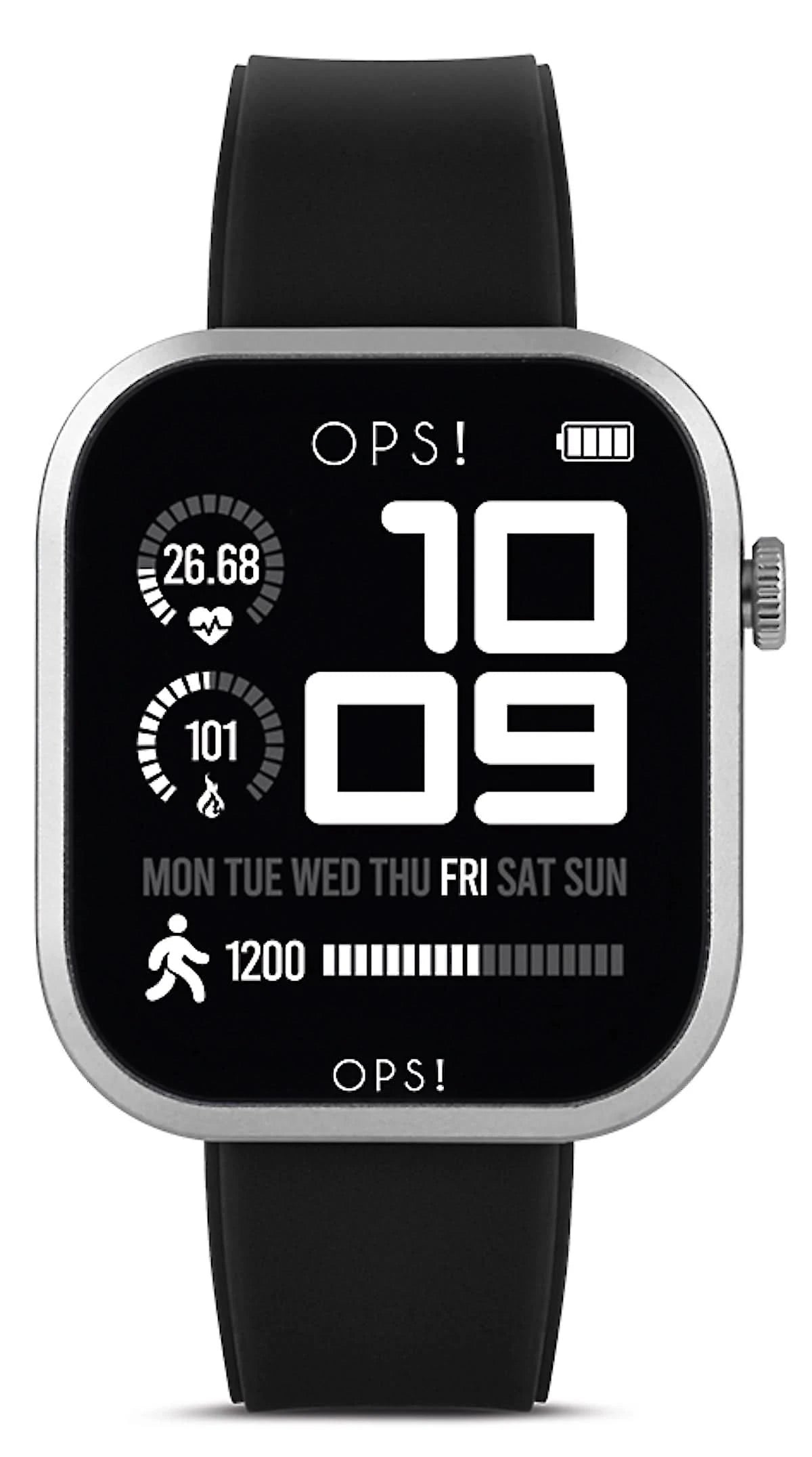 OPS!-Reloj inteligente unisex con pantalla negra y correa de silicona negra