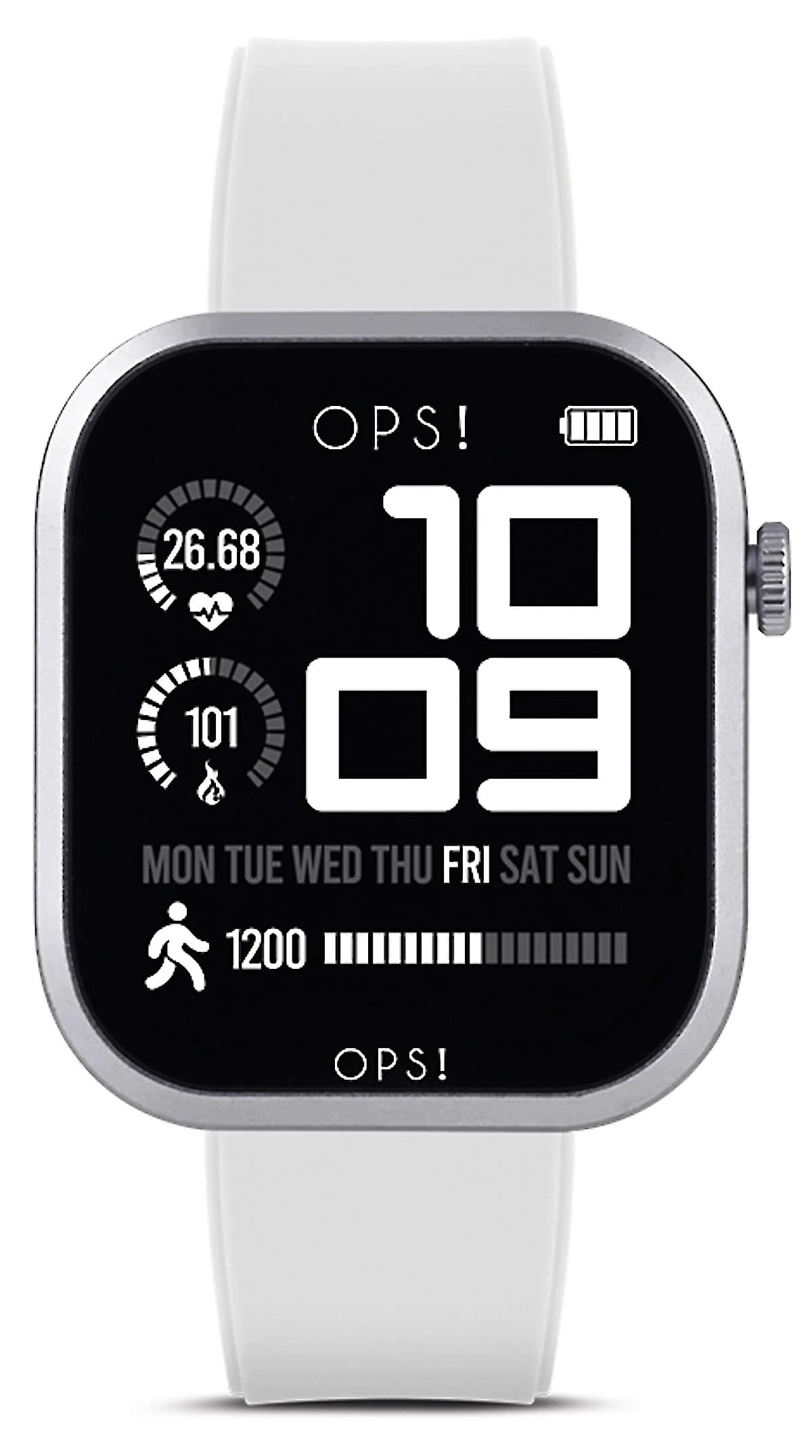 Smartwatch con pantalla negra y correa de silicona blanca, corona lateral