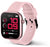 Smartwatch con correa de silicona rosa, botón lateral y pantalla negra