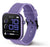 Smartwatch con correa de silicona morada, botón lateral en la caja, pantalla redonda
