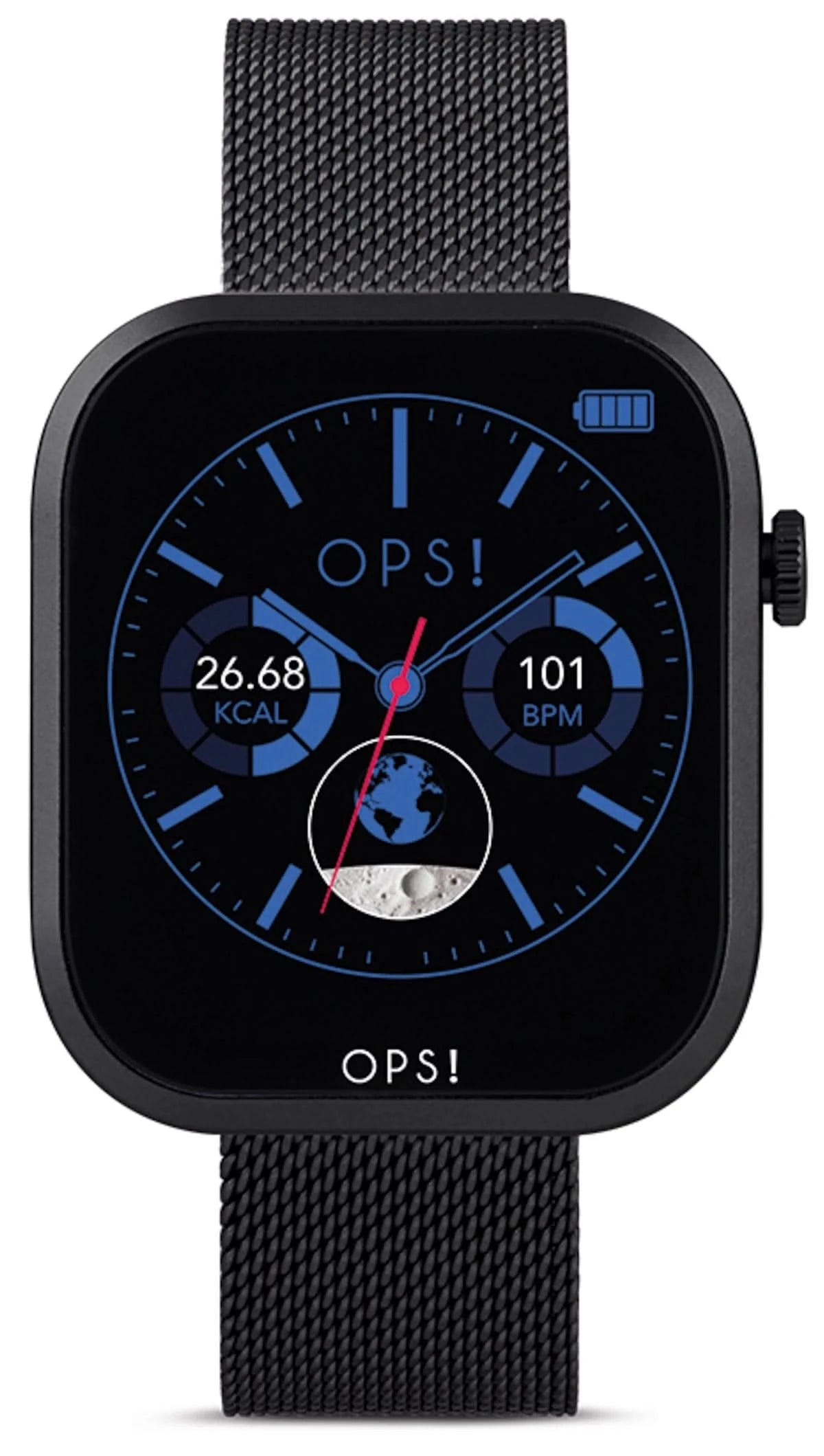 Smartwatch para mujer con caja negra, pantalla azul y correa de malla de metal negra