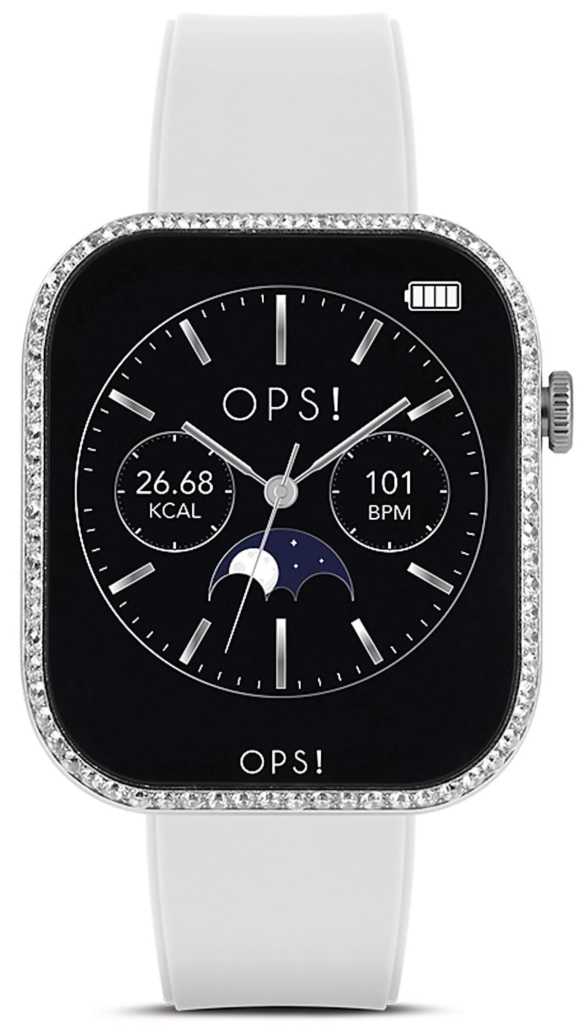Reloj inteligente unisex con pantalla negra y correa de silicona blanca, bisel de pedrería