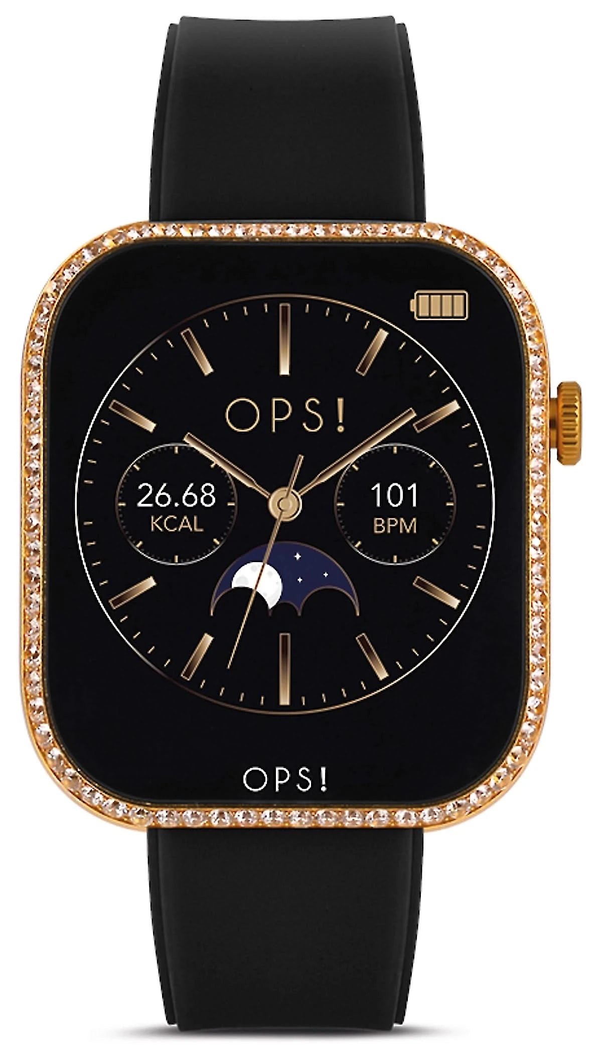 Smartwatch con correa de silicona negra, pantalla cuadrada y bisel dorado brillante