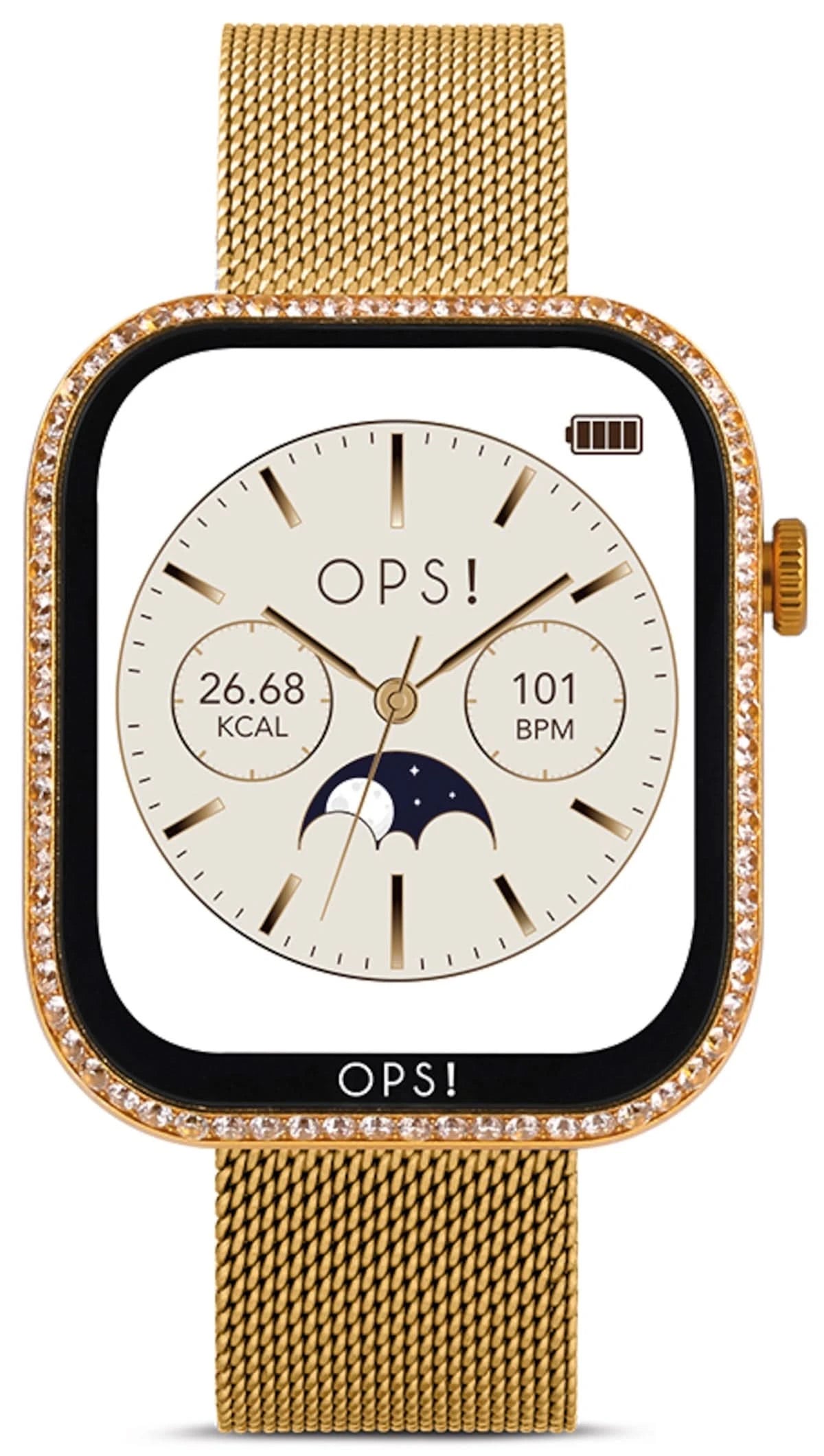 Smartwatch con correa de malla metálica dorada, pantalla negra y bisel con purpurina