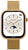 Smartwatch con correa de malla metálica dorada, pantalla negra y bisel con purpurina