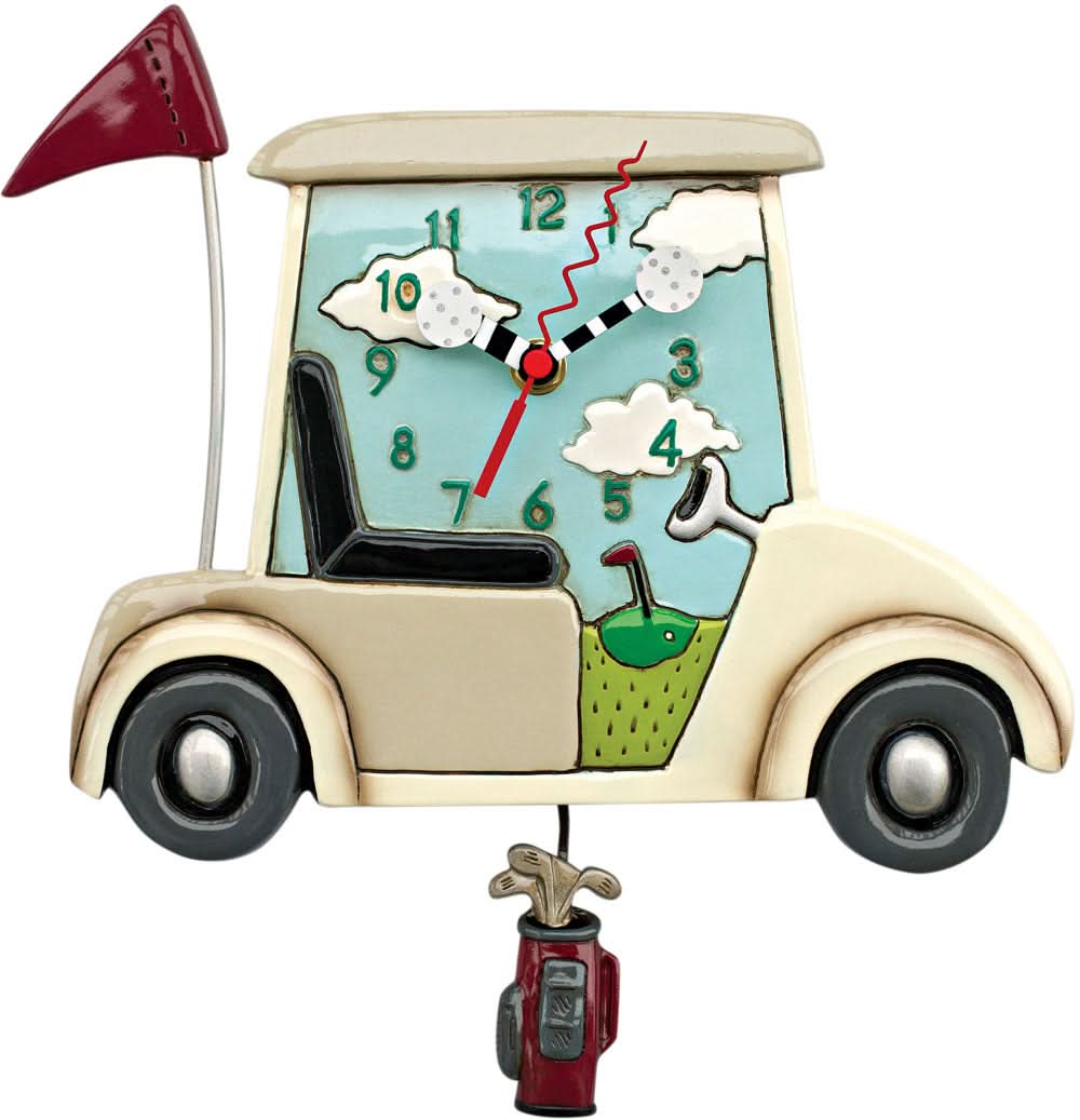Reloj de pared con diseño de coche de plástico, motivo de golf, péndulo rojo y números.