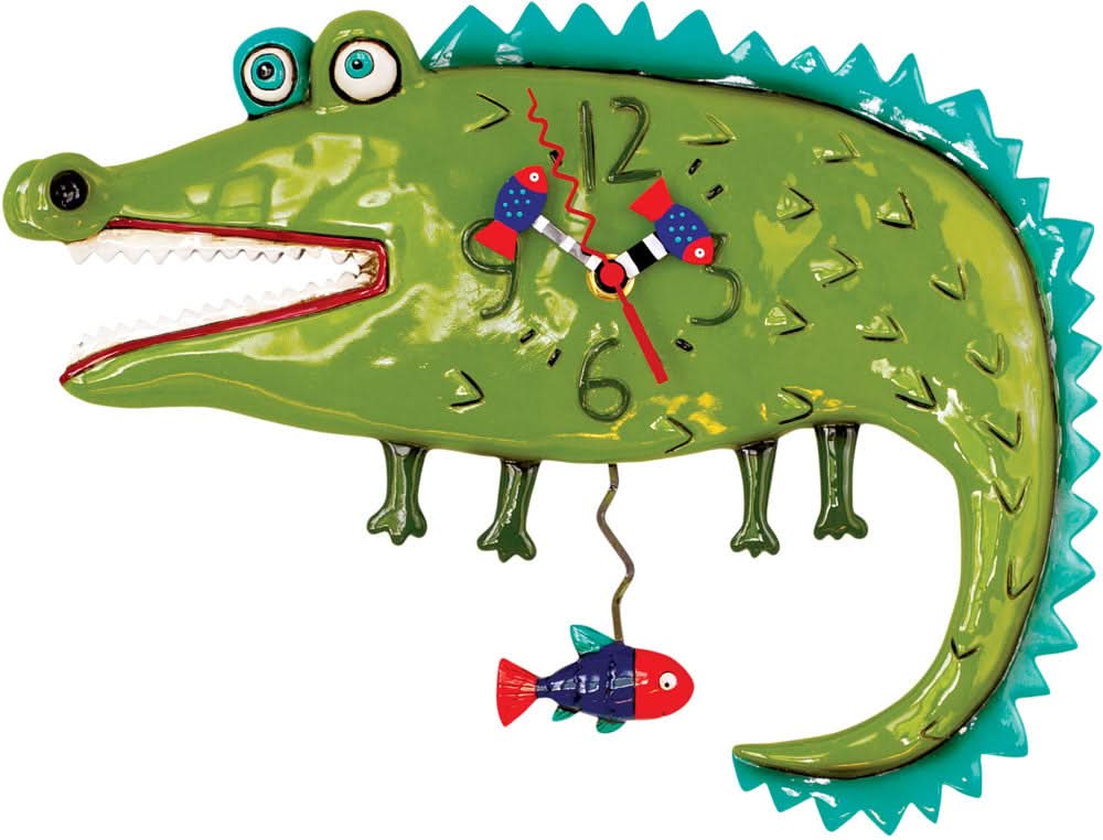 Reloj de pared de lagarto de plástico, verde con boca roja, números y borde dentado