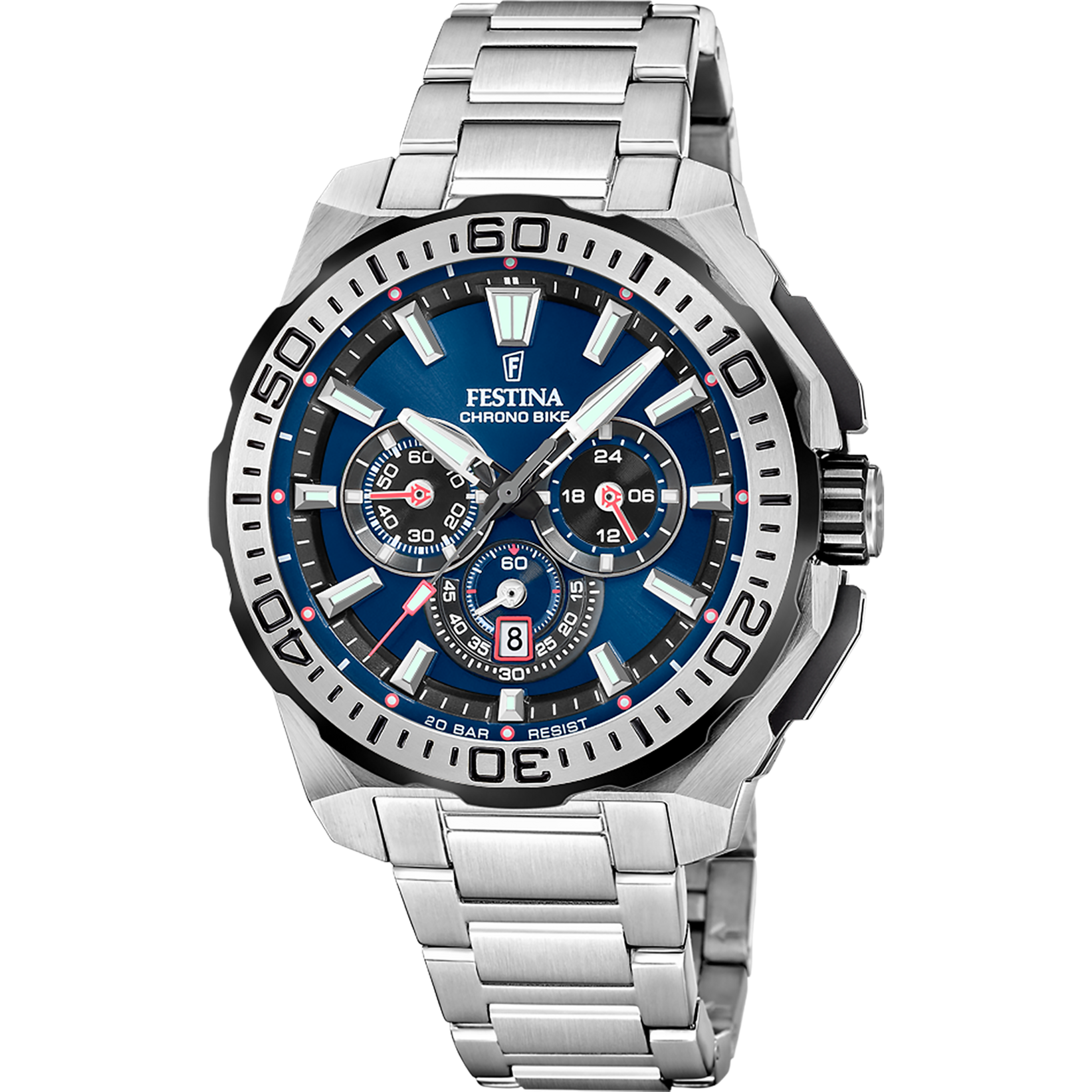 Reloj Festina Chrono Bike para hombre con correa de acero inoxidable plateado y esfera azul de cronógrafo