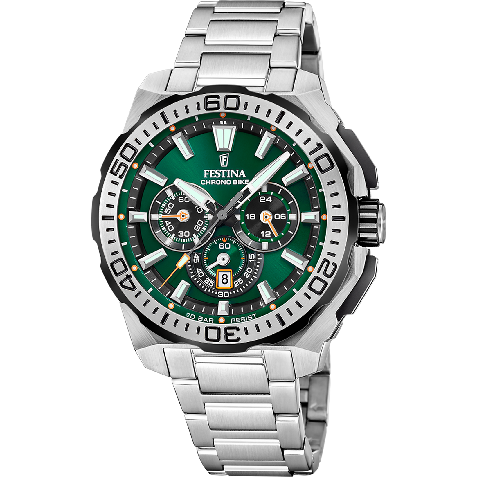 Reloj de hombre con esfera verde, diseño de cronógrafo y correa de acero inoxidable