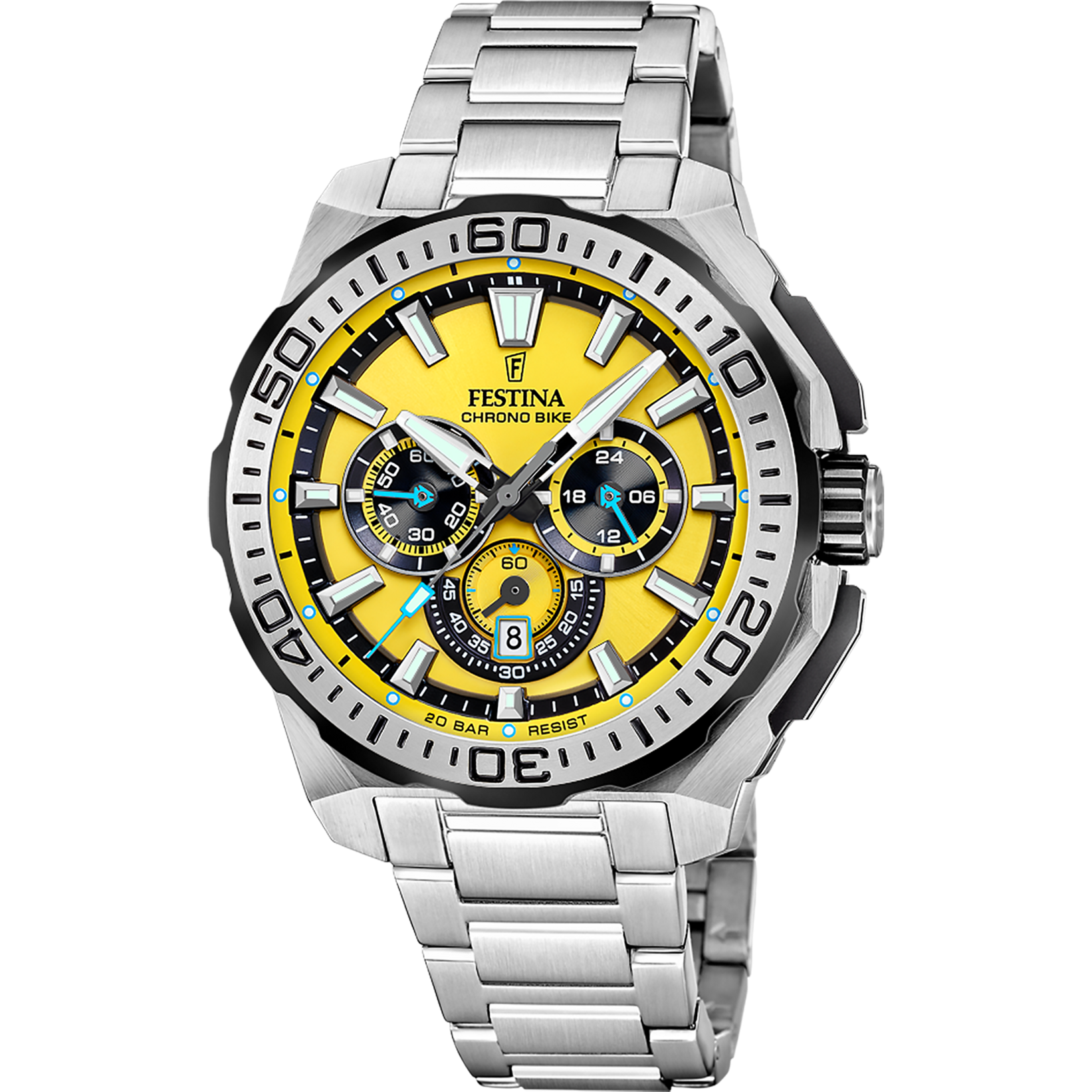 Festina Reloj cronógrafo para hombre con correa de acero inoxidable, esfera amarilla y subesferas de cronógrafo