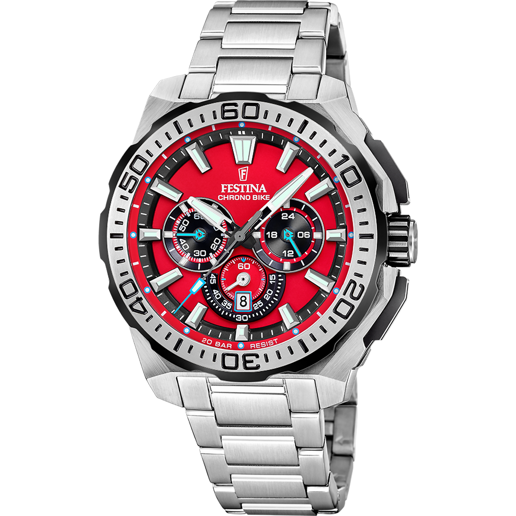 Reloj cronógrafo Festina para hombre con correa de acero inoxidable plateada y esfera roja