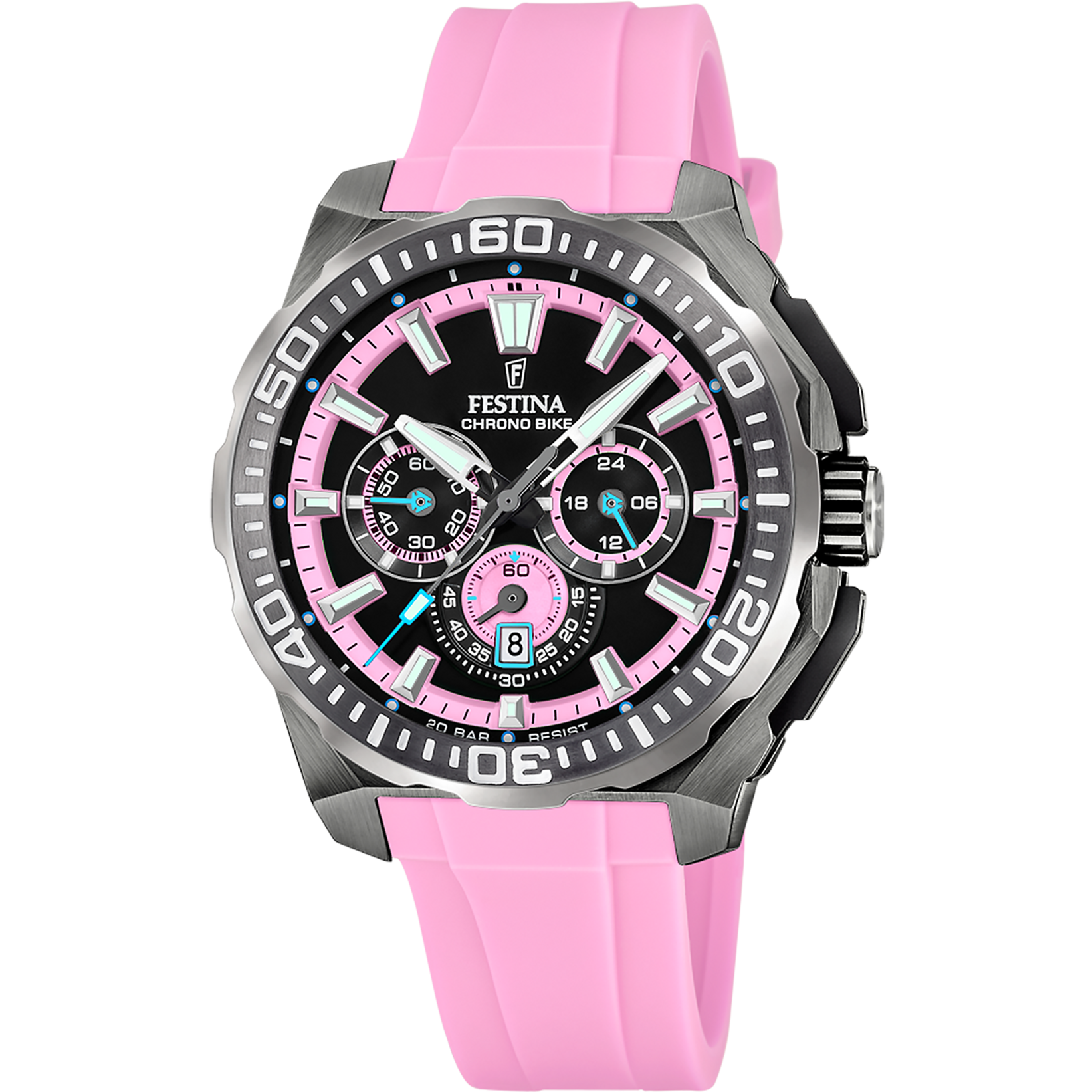 Reloj cronógrafo para hombre con correa de silicona rosa, esfera negra y caja de acero inoxidable.