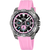 Reloj cronógrafo para hombre con correa de silicona rosa, esfera negra y caja de acero inoxidable.