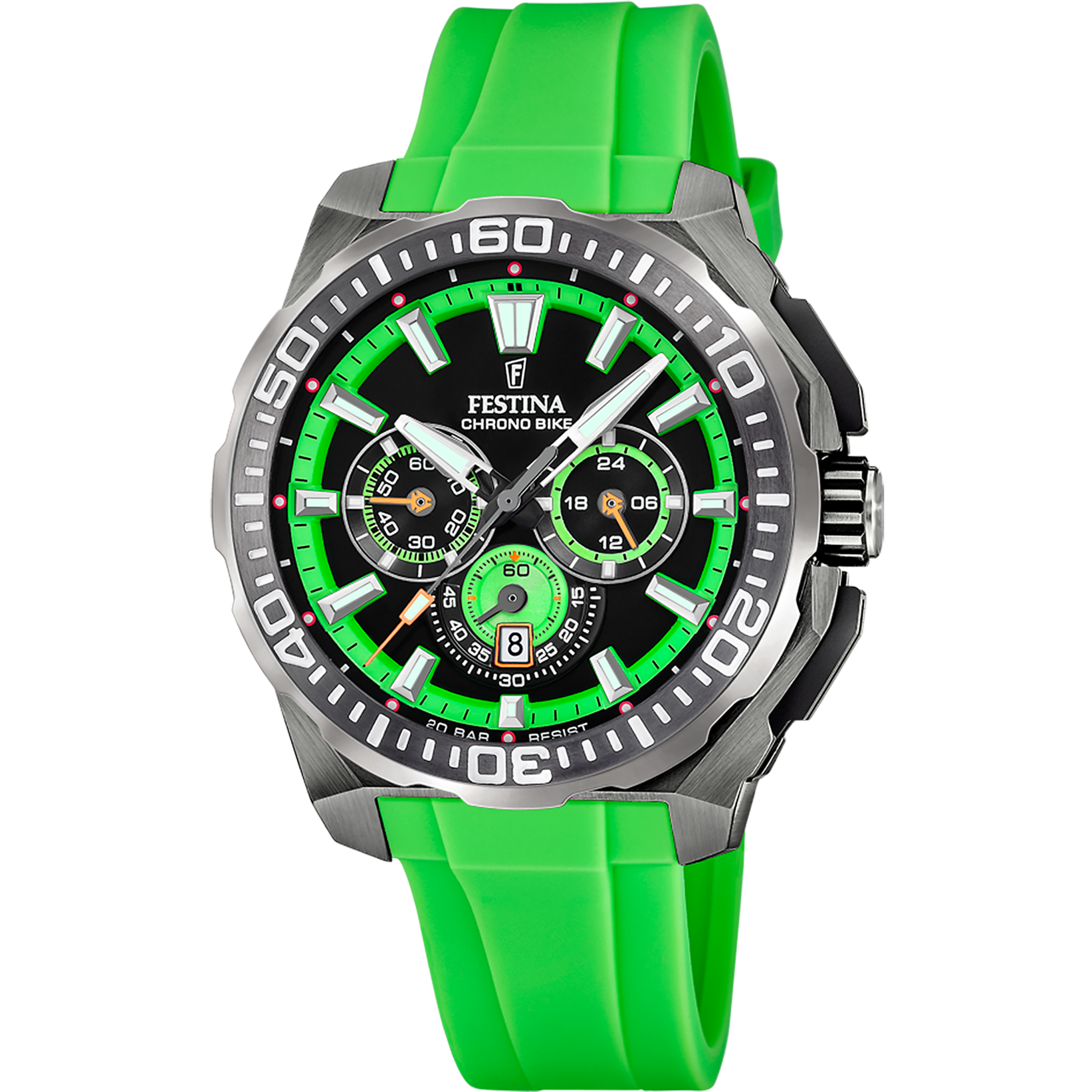 Reloj deportivo para hombre con correa de silicona verde, caja de acero inoxidable y cronógrafo