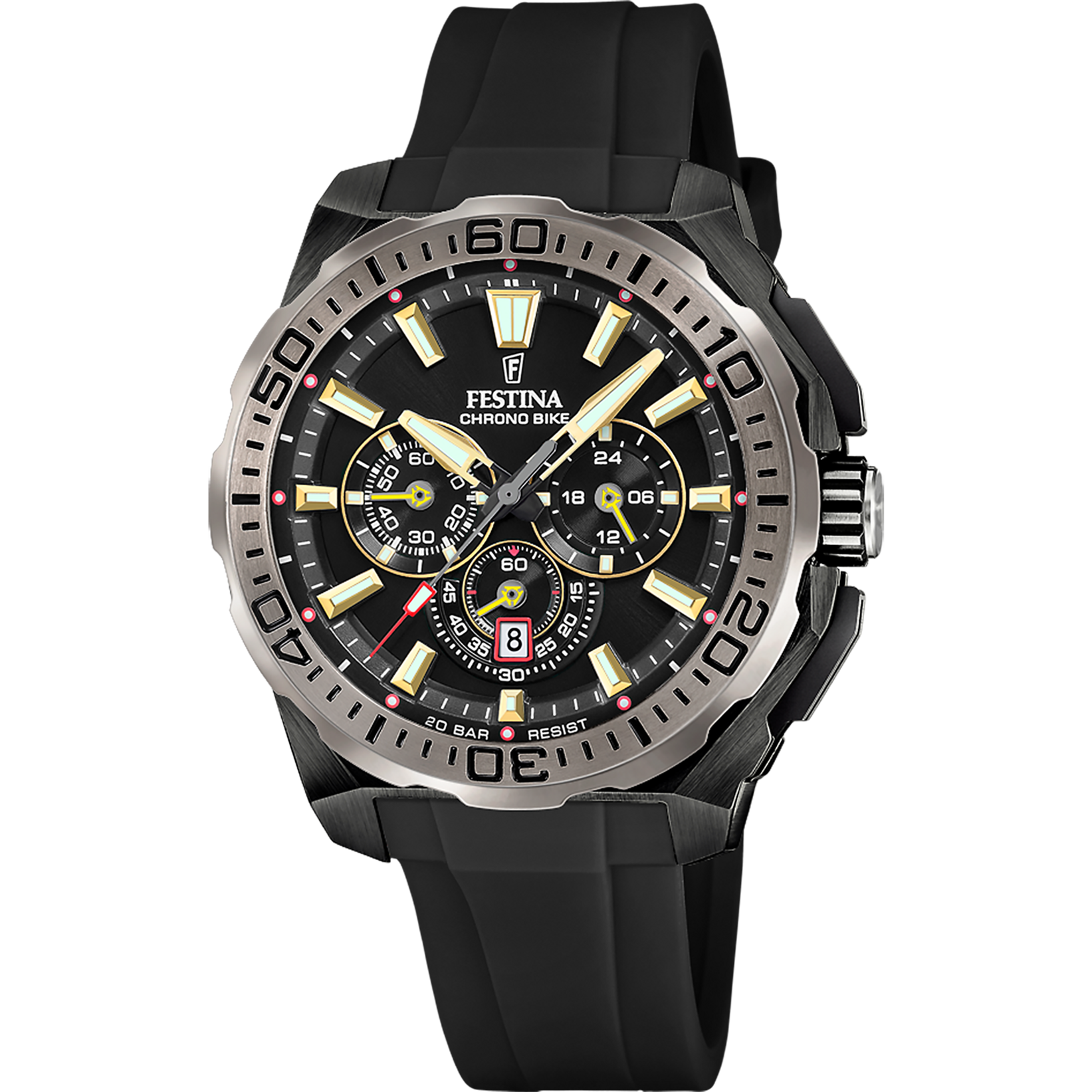 Reloj cronógrafo para hombre con correa de caucho negra y esfera plateada