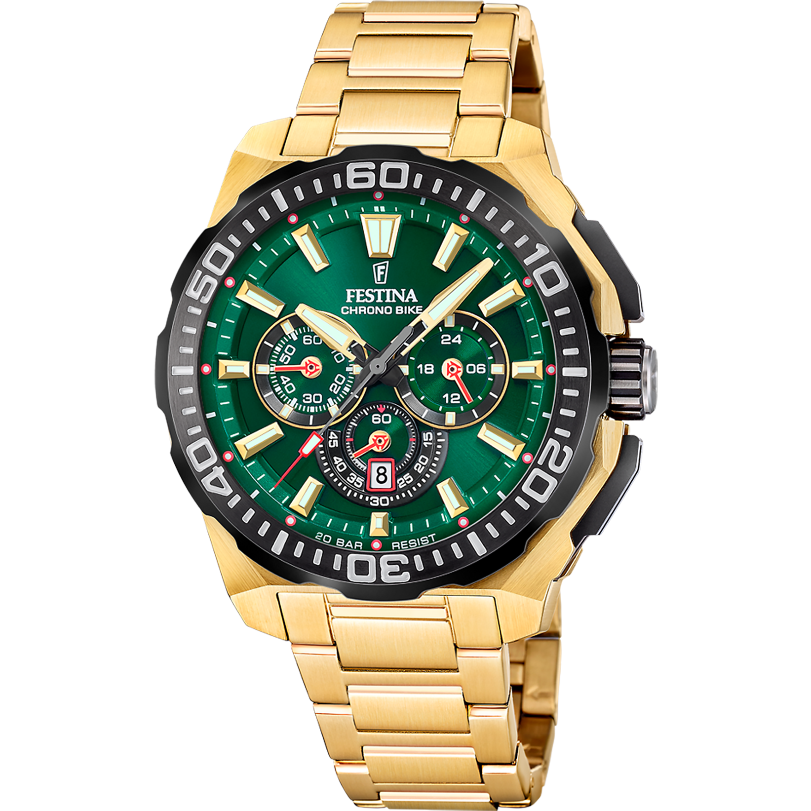 Reloj cronógrafo Festina para hombre con esfera verde y correa de acero inoxidable en tono dorado