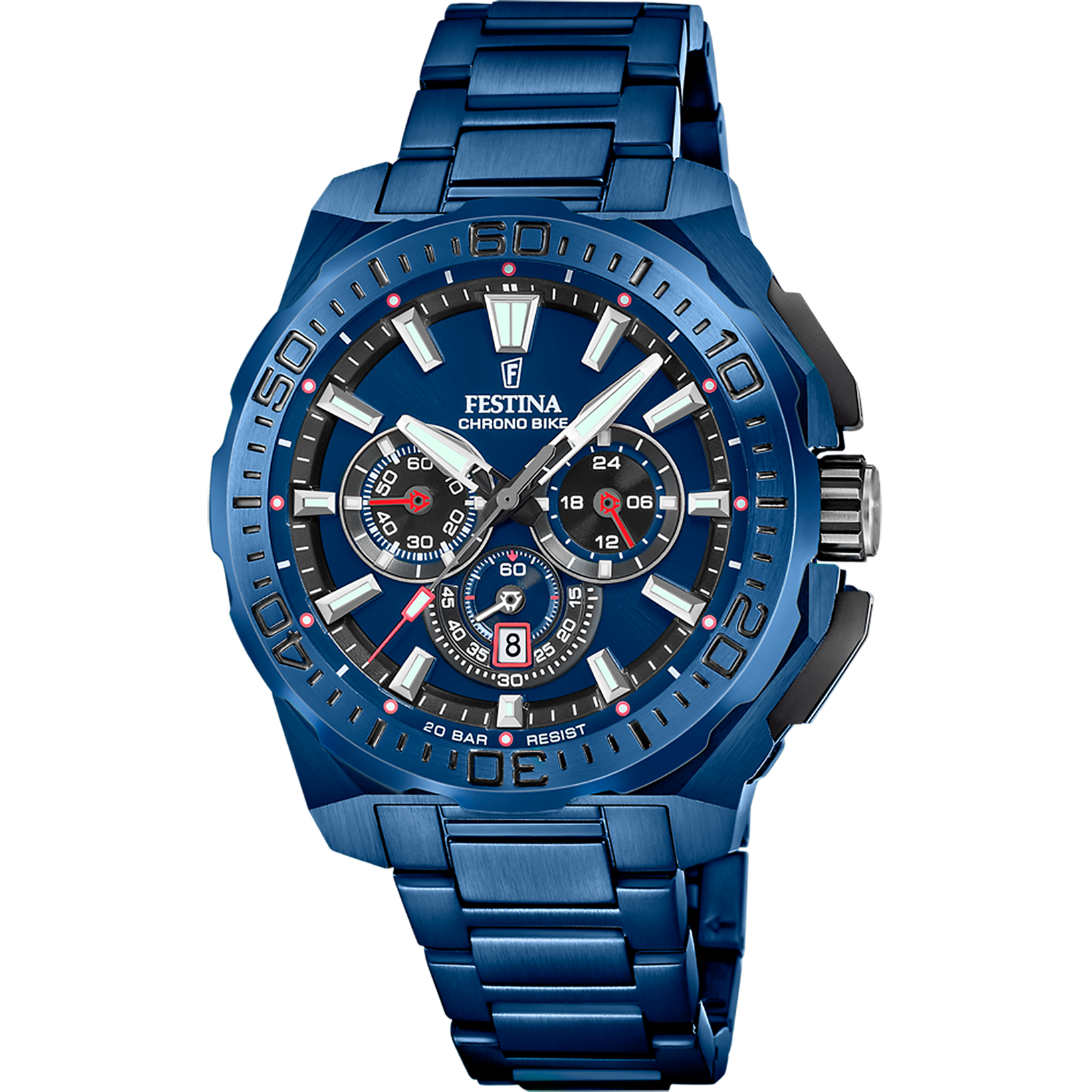 Reloj cronógrafo para hombre con detalles en azul, tres subesferas y correa de metal