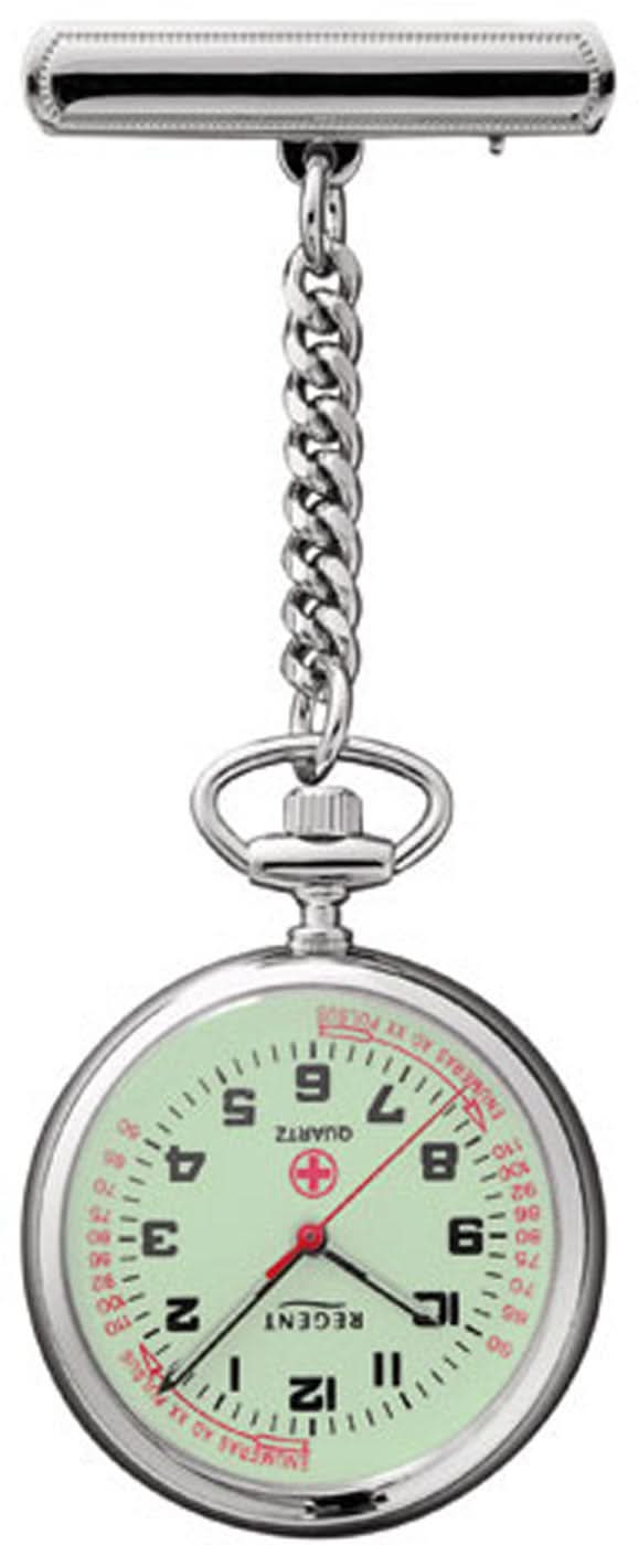 Reloj de enfermera con esfera redonda luminosa verde y cadena con cierre de mosquetón