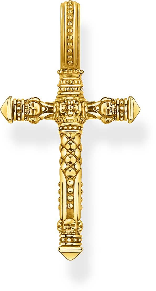 Colgante de cruz en tono oro amarillo con detalles de calavera y adornos, con ojal