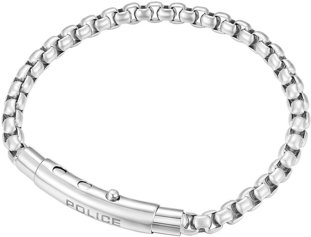 Pulsera de acero inoxidable con cadena de eslabones y logo POLICE en la parte central