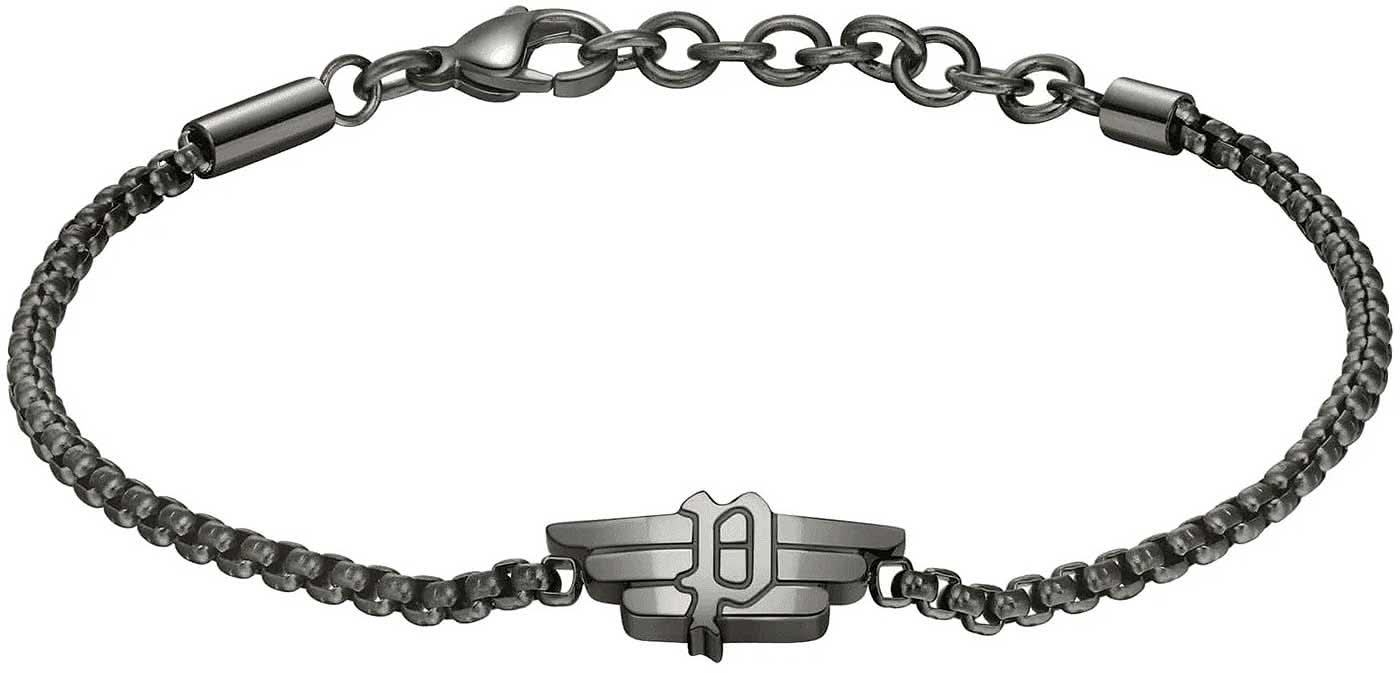 Pulsera gris de cadena de eslabones con colgante y anillas finales, placa con logo