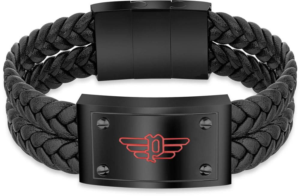 VALORIOUS Pulsera de cuero negra: cuero trenzado con cierre negro y logo rojo.