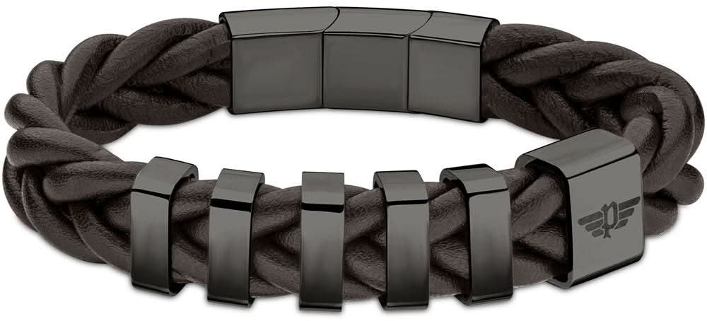 Pulsera con banda oscura trenzada y eslabones metálicos plateados, placa rectangular