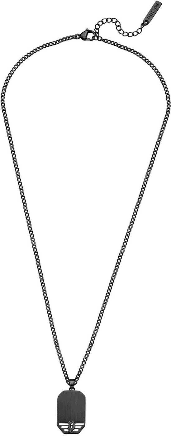 Collar plateado oscuro con colgante rectangular de identificación en la cadena