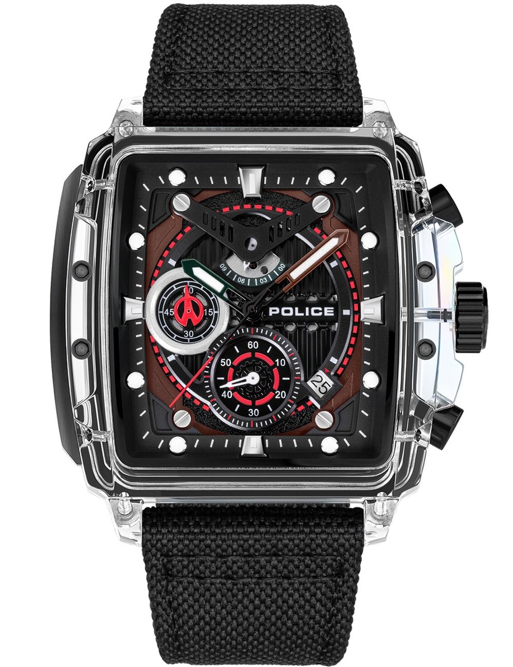 Chronographen-Uhr mit schwarzem Zifferblatt, roten Akzenten und schwarzem Textilband