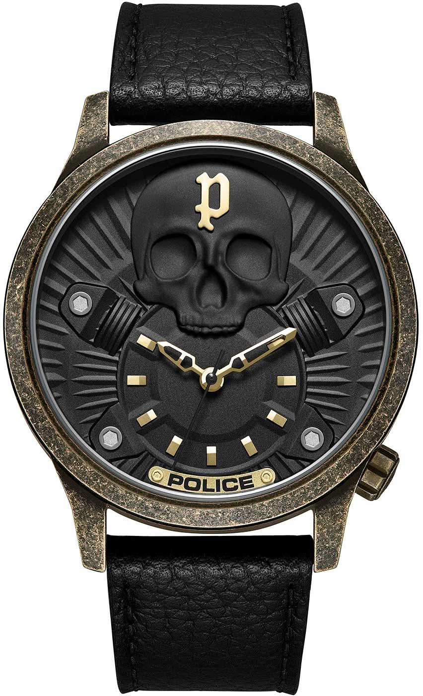 Pulsera de hombre con correa de cuero negra, esfera de calavera y manecillas doradas