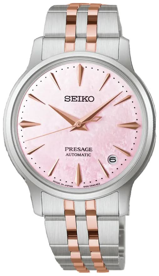 Seiko Presage - Reloj de mujer con esfera de nácar rosa, detalles en oro rosa y brazalete de metal