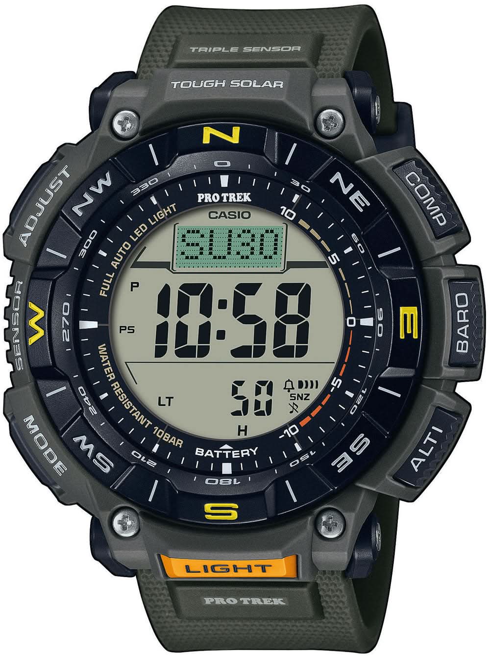 Reloj para hombre con pantalla digital Tough Solar, correa verde oscuro, caja negra.