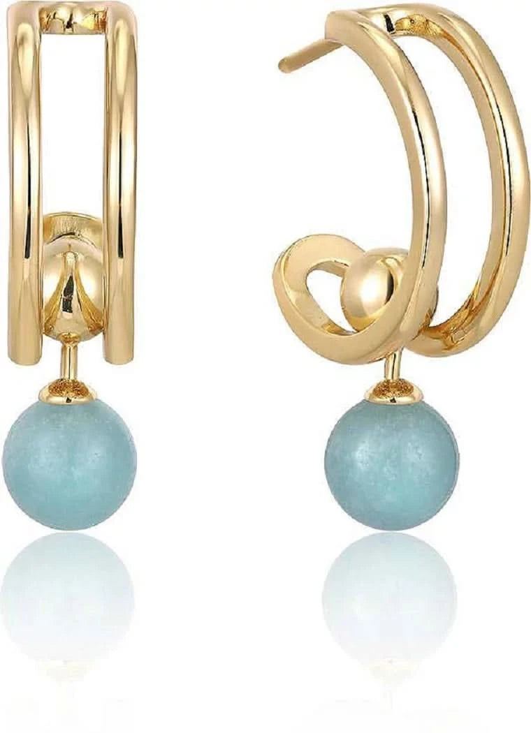 Aros dorados con colgante de bola y piedra turquesa redonda