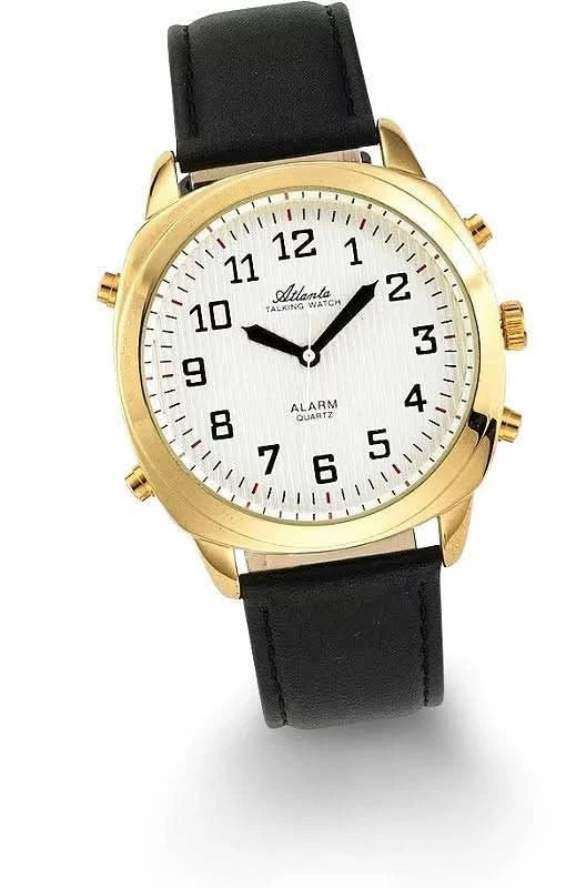 Reloj para hombre mayor con caja dorada, esfera blanca, correa de cuero negra y pantalla de alarma.