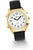 Reloj para hombre mayor con caja dorada, esfera blanca, correa de cuero negra y pantalla de alarma.