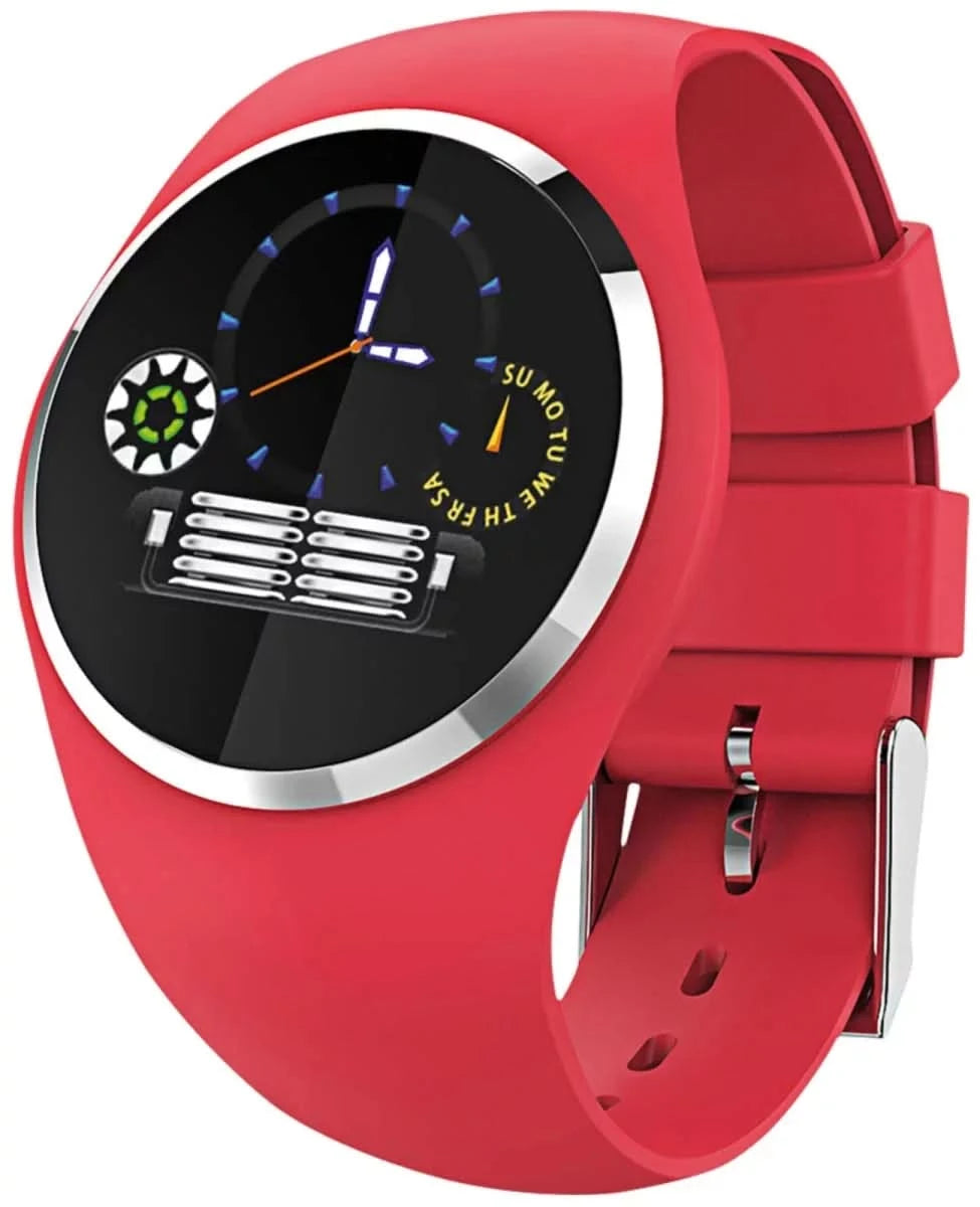 Smartwatch con correa de silicona roja y esfera negra con borde plateado