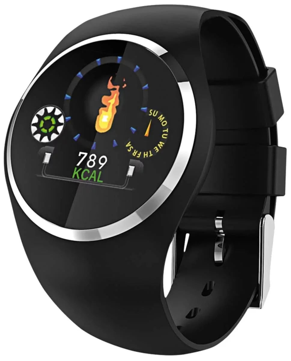 Reloj inteligente negro con pantalla redonda y correa de silicona, botones en el lado derecho