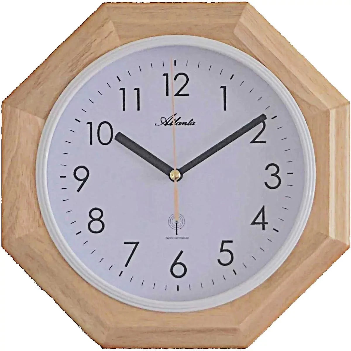 Reloj de pared de madera con caja octogonal, esfera blanca, manecillas negras, Atlanta
