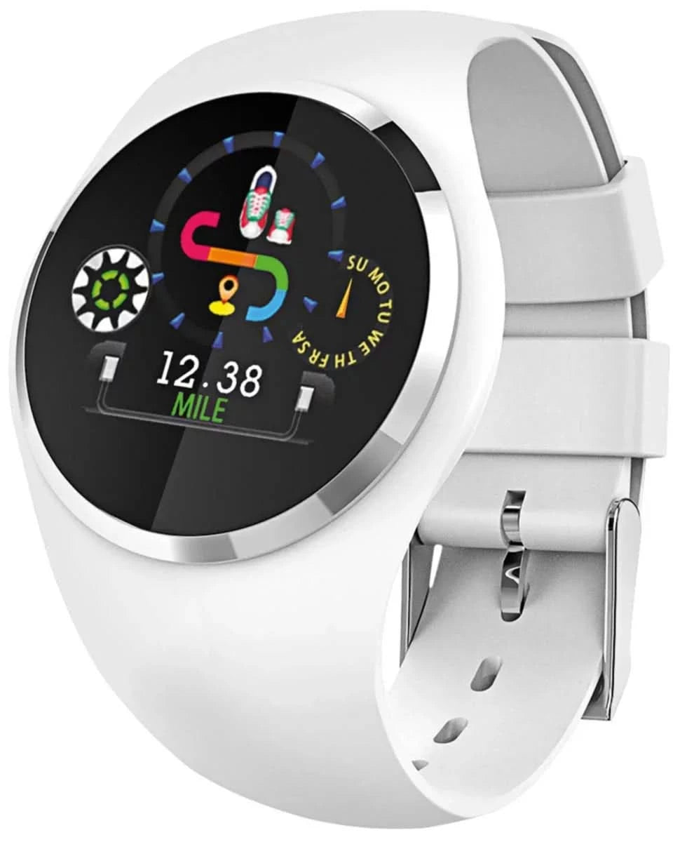 Smartwatch blanca con pantalla redonda y correa de silicona blanca