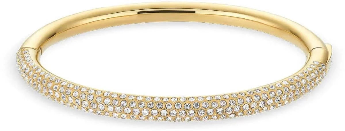 Pulsera de acero inoxidable con fila de pedrería, color dorado, aro redondo