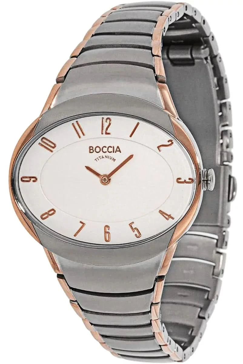 "Reloj de mujer con correa gris, detalles en oro rosa y esfera blanca"