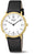 Reloj unisex con correa de cuero negra, caja dorada y esfera blanca