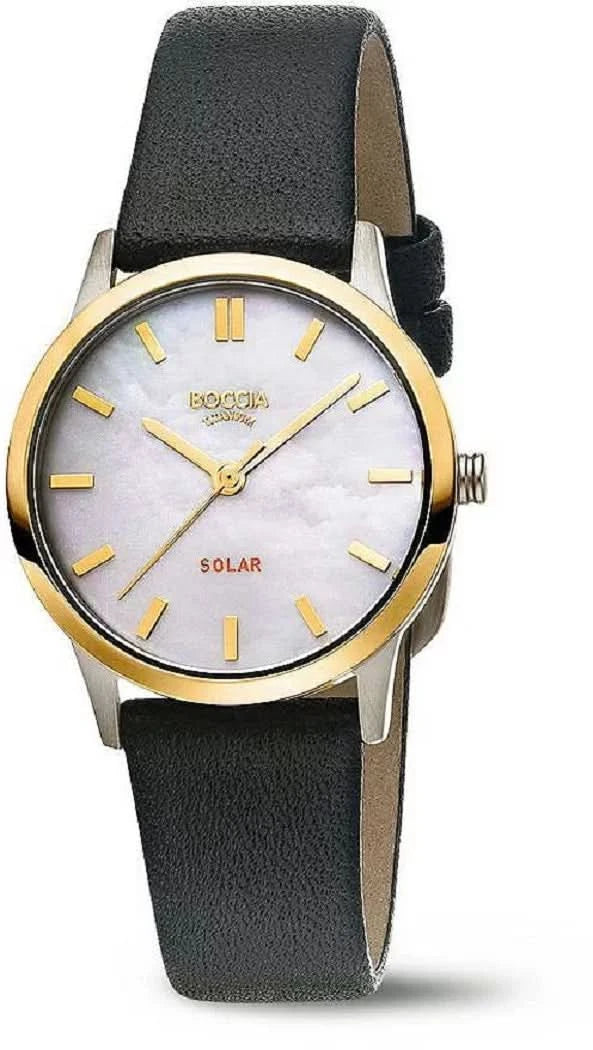 Reloj Boccia para mujer con correa de cuero negra, caja redonda y esfera plateada