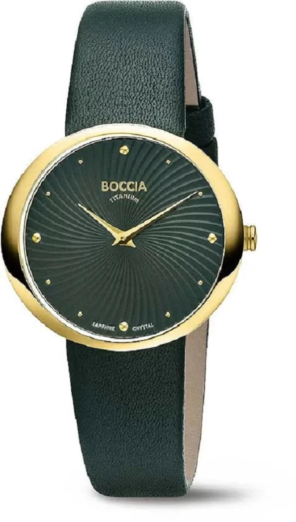 Reloj Boccia para mujer con correa de cuero verde, caja redonda dorada y esfera oscura