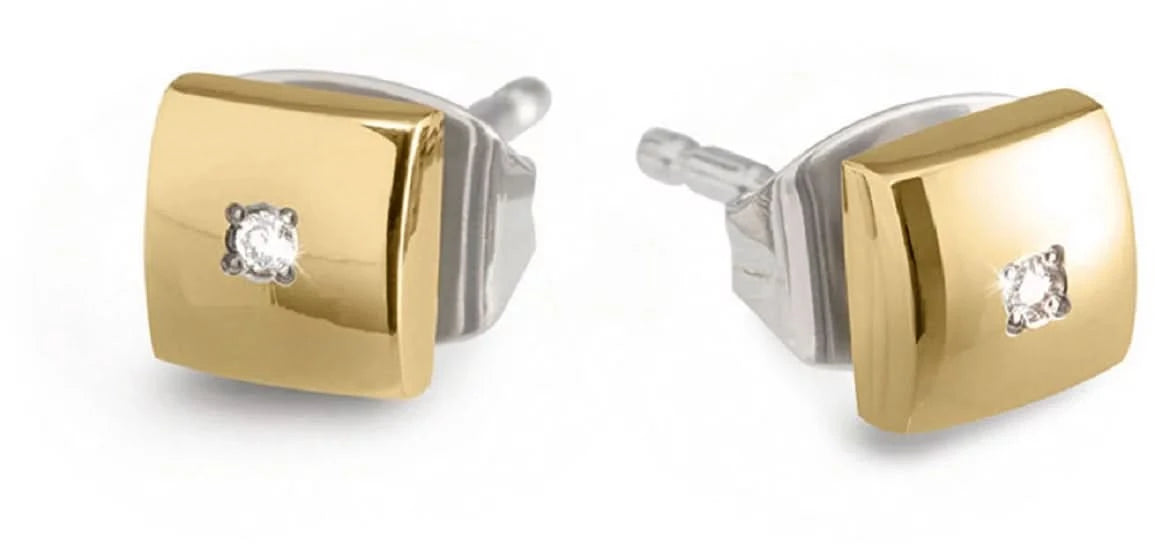 Pendientes con inserto cuadrado dorado y pequeña piedra brillante, montura plateada