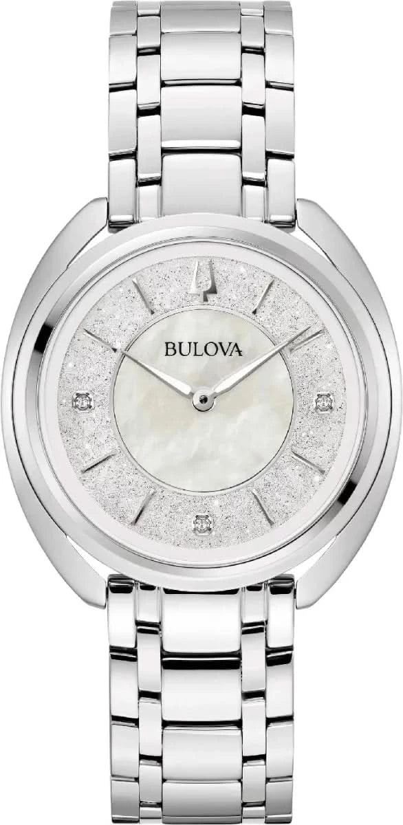 "Reloj de mujer con caja redonda de acero, esfera de nácar e índices con diamantes."