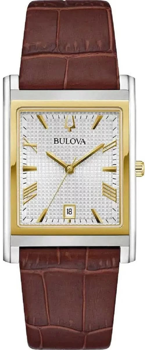 Reloj rectangular para hombre con correa de cuero marrón, caja plateada y bisel dorado
