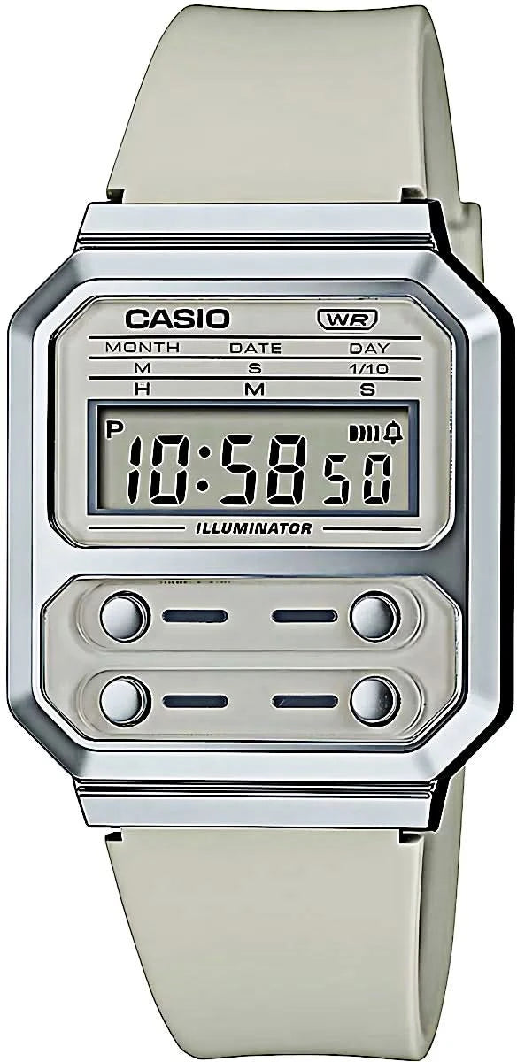 Casio Reloj Digital con pantalla rectangular, caja plateada y correa de silicona gris claro